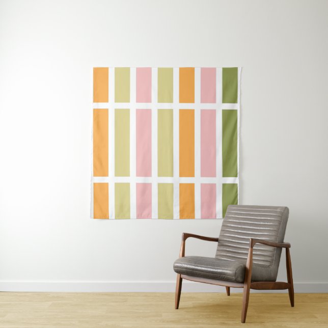 Orange Pink Gold and Green Stripes Tapestry (In Situ)