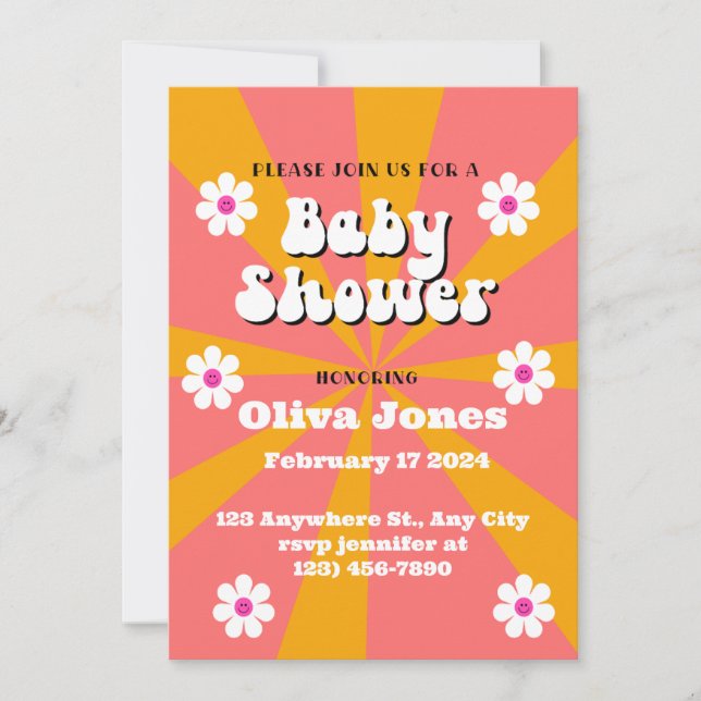Orange & Pink Groovy Retro Baby Shower  Save The Date (Front)