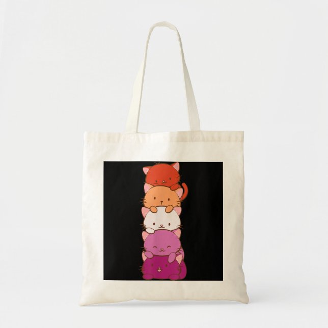 Orange Pink Lesbian Pride Flag Cute Kawaii Cat  Tote Bag (Front)