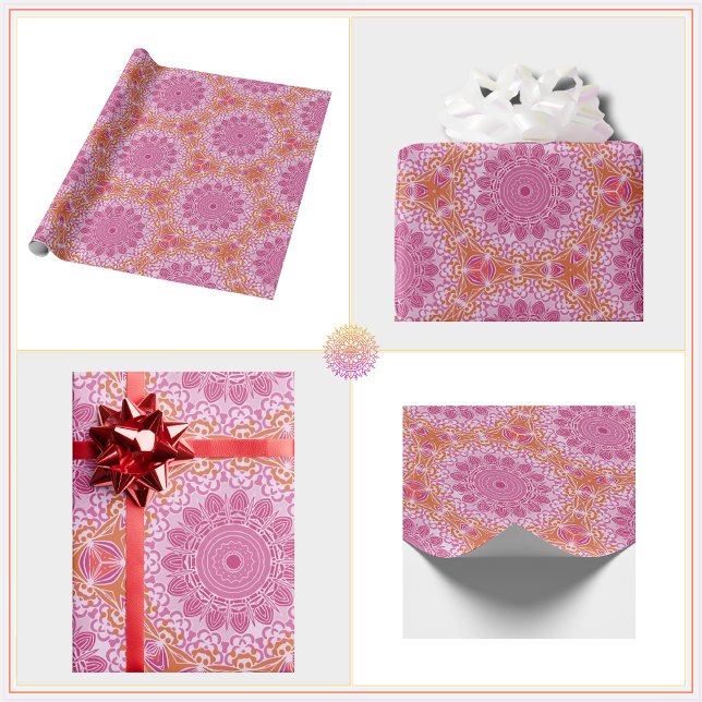 Orange Pink Mandala Pattern Wrapping Paper (Cute, Girly, Pink and Orange Mandala Pattern with a Boho Vibe. Perfect for gift wrap!)
