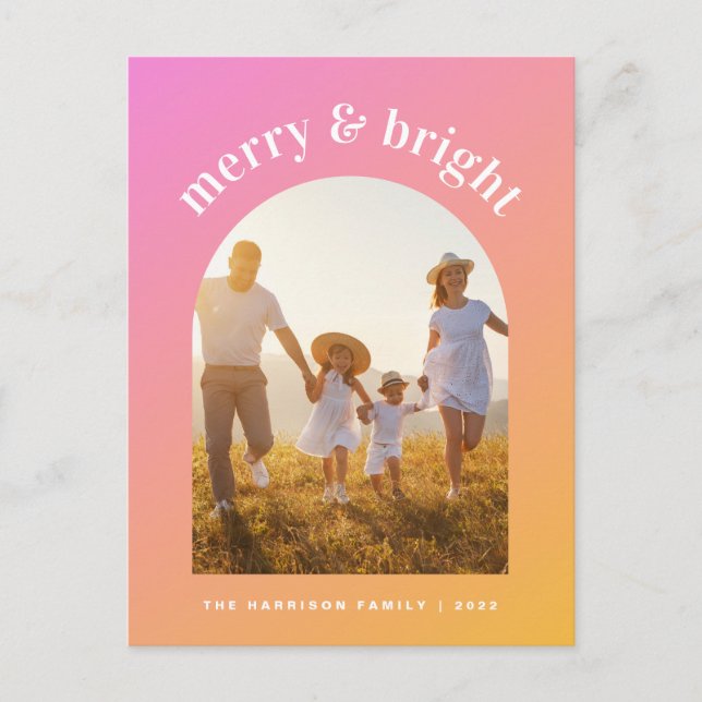 Orange Pink Merry and Bright Photo Arched Frame Holiday Postcard (Front)