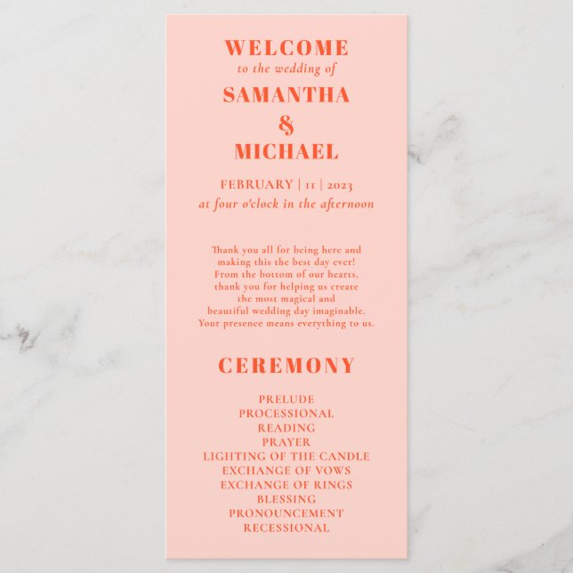 ORANGE PİNK minimal modern program wedding Menu (Front)