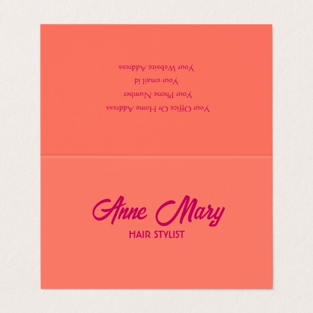 Orange Pink Modern Bold Script Salon Hair Stylist Business Card (Outside Unfolded)
