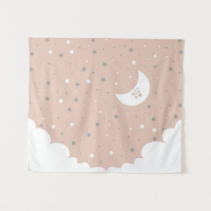 Orange Pink Moon and Stars Night Sky Tapestry