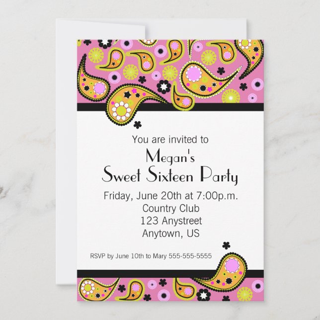 Orange & Pink Paisley Sweet Sixteen Party Invite (Front)