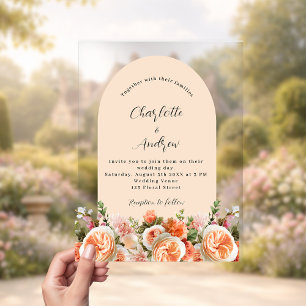 Orange pink peach florals arch clear wedding acrylic invitations