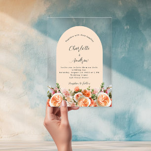 Orange pink peach florals arch clear wedding acrylic invitations