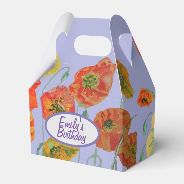 Orange Pink Poppy Floral Birthday Cake Favor Box (Front Side)