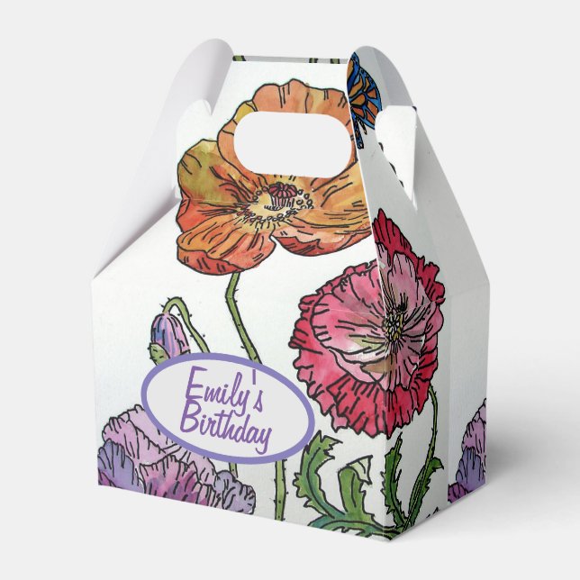 Orange Pink Poppy Floral Birthday Cake Favour Box (Front Side)