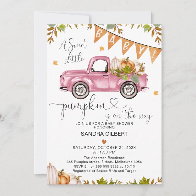 Orange Pink Pumpkin Truck with Heart Baby Shower Invitation (Front)