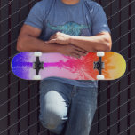 Orange Pink Purple Rainbow Ombre Palm Tree Cool Skateboard<br><div class="desc">Get ready to embrace the warm sunshine on your city streets whenever you use this wildly, colourful photo skateboard of a towering California palm tree with a vintage look, distressed yellow, orange, pink and purple rainbow ombre. Makes a retro cool and fun statement every time you surf the pavement. Makes...</div>