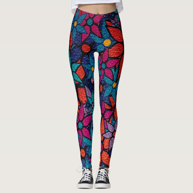 Orange Pink Purple Turquoise Floral Leggings (Front)