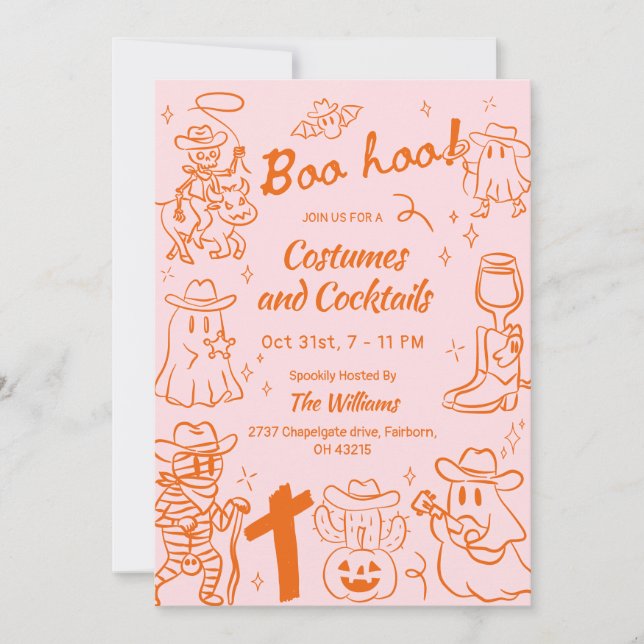 Orange Pink Quirky Hand Drawn Cowboy Halloween Invitation (Front)