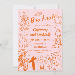Orange Pink Quirky Hand Drawn Cowboy Halloween Invitation