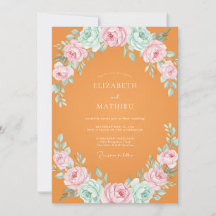 Orange Pink Ranunculus Eucalyptus Wedding Invitation
