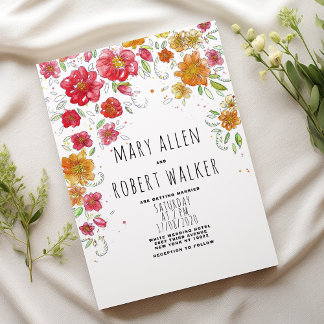 Orange pink red green floral country chic wedding invitation