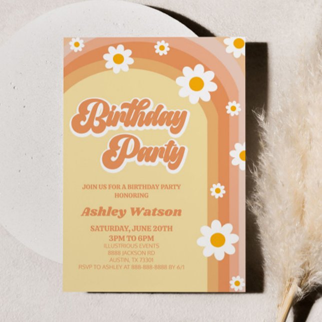 Orange Pink Retro Daisy Flower Birthday Party Invitation (Creator Uploaded)
