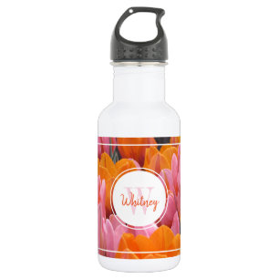 Orange & Pink Spring Tulips Monogram Water Bottle