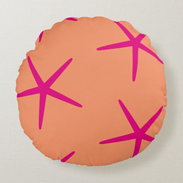 Orange Pink Starfish Coastal Tropical Art Beach Round Cushion (Front)
