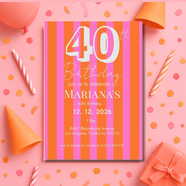  Orange Pink Stripes Modern Scripted Birthday  Invitation (Creator Uploaded)