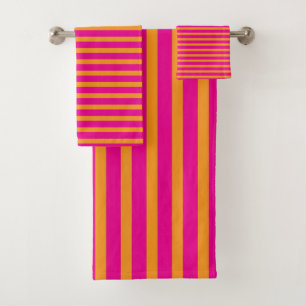 Orange Pink Stripes Patterns Hot Pink Colourful Bath Towel Set