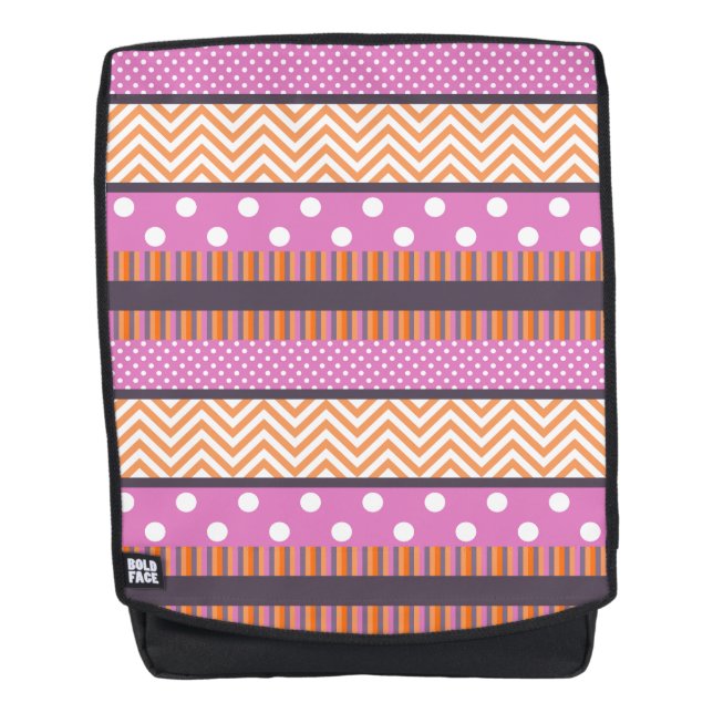 Orange & Pink Stripes Polka Dots Chevron Pattern Backpack (Front)