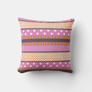 Orange & Pink Stripes Polka Dots Chevron Pattern Cushion