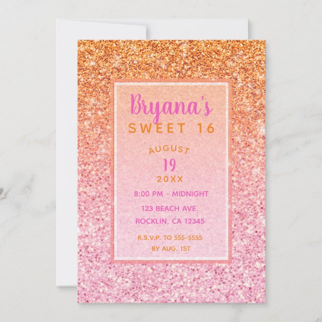 Orange Pink Sunset Glitter Sweet 16 Birthday Party Invitation (Front)