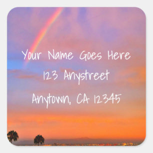 Orange pink sunset rainbow photo return address square sticker