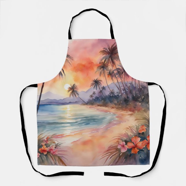 Orange Pink Sunset Tropical Beach Palm Trees Apron (Front)