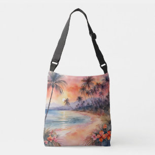 Orange Pink Sunset Tropical Beach Palm Trees Crossbody Bag