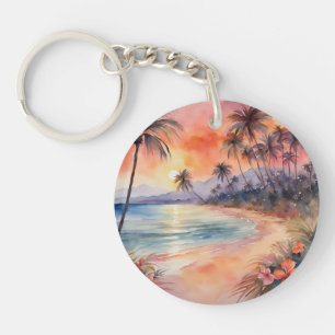 Orange Pink Sunset Tropical Beach Palm Trees Key Ring