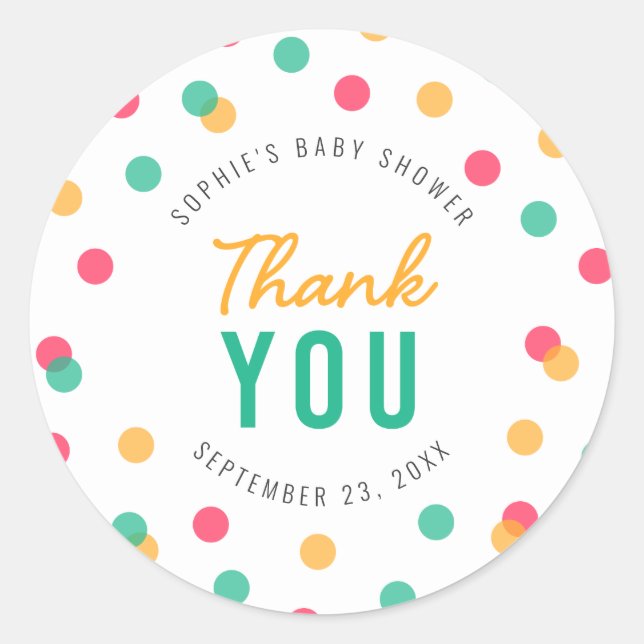 Orange Pink Teal Confetti Baby Shower Thank You Classic Round Sticker (Front)