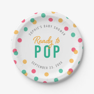 Orange Pink Teal Confetti Ready to Pop Baby Shower Paper Plate