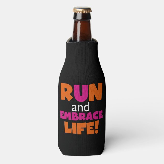 Orange Pink Text Run Runner Marathon Bottle Cooler (Bottle Front)