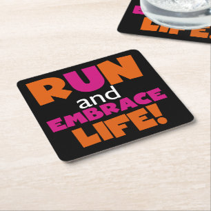 Orange Pink Text Run Runner Marathon Square Paper Coaster