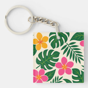 Orange & Pink Tropical Flowers with Green Leaves Key Ring