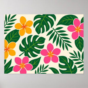 Orange & Pink Tropical Flowers with Green Leaves Poster