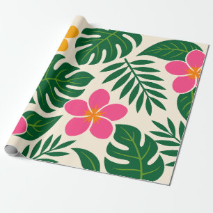 Orange & Pink Tropical Flowers with Green Leaves Wrapping Paper
