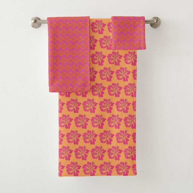 Orange Pink Tropical Hibiscus Flower Blossom Print Bath Towel Set (Insitu)
