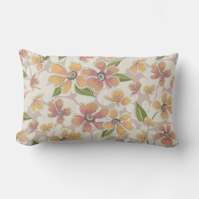Orange Pink Tropical Retro Floral Lumbar Cushion (Front)