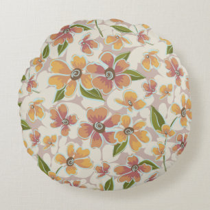 Orange Pink Tropical Retro Floral Round Cushion