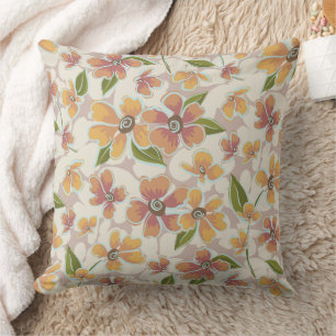 Orange Pink Tropical Retro Floral Round Pillow