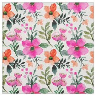 Orange Pink Watercolor Flowers Green Leaves White Fabric