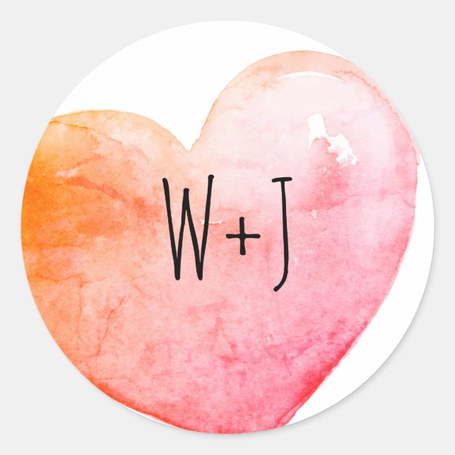 Orange Pink Watercolor Heart Monogram Classic Round Sticker (Front)