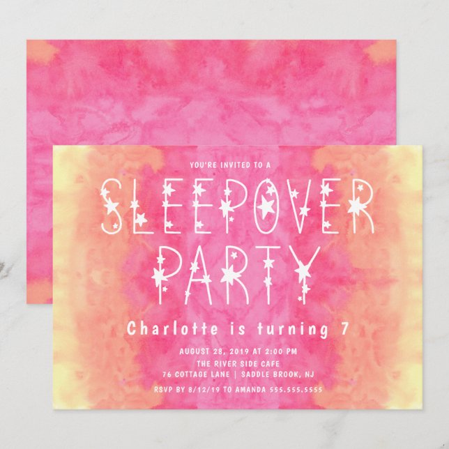 Orange Pink Watercolor Starry Girls Sleepover Invitation (Front/Back)