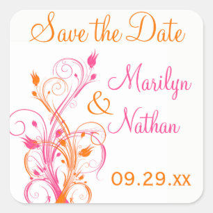 Orange Pink White Floral 1.5" Wedding Sticker