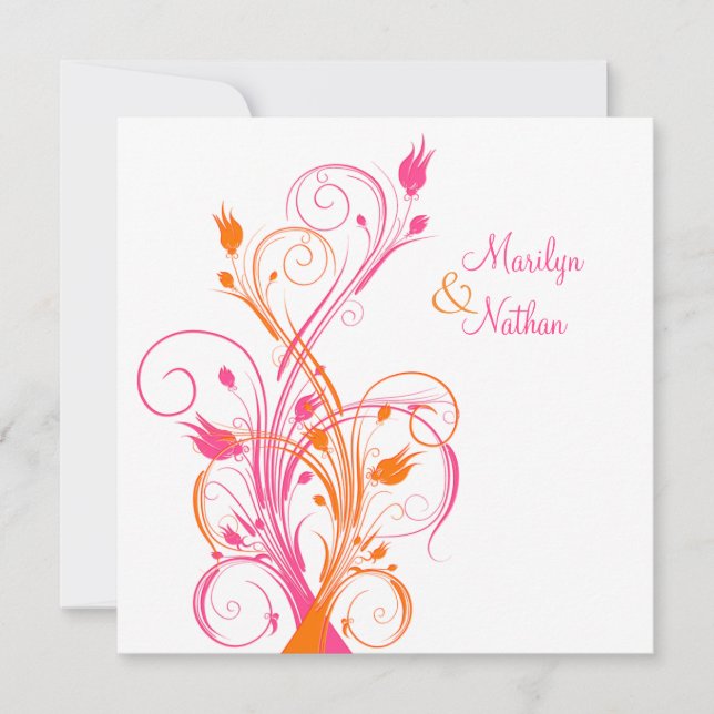 Orange Pink White Floral Square Wedding Invitation (Front)