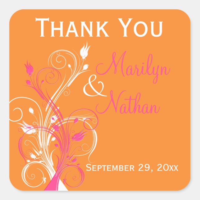 Orange Pink White Floral Wedding Favour Sticker (Front)