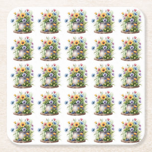 orange, pink, yellow, and blue flowers pattern square paper coaster